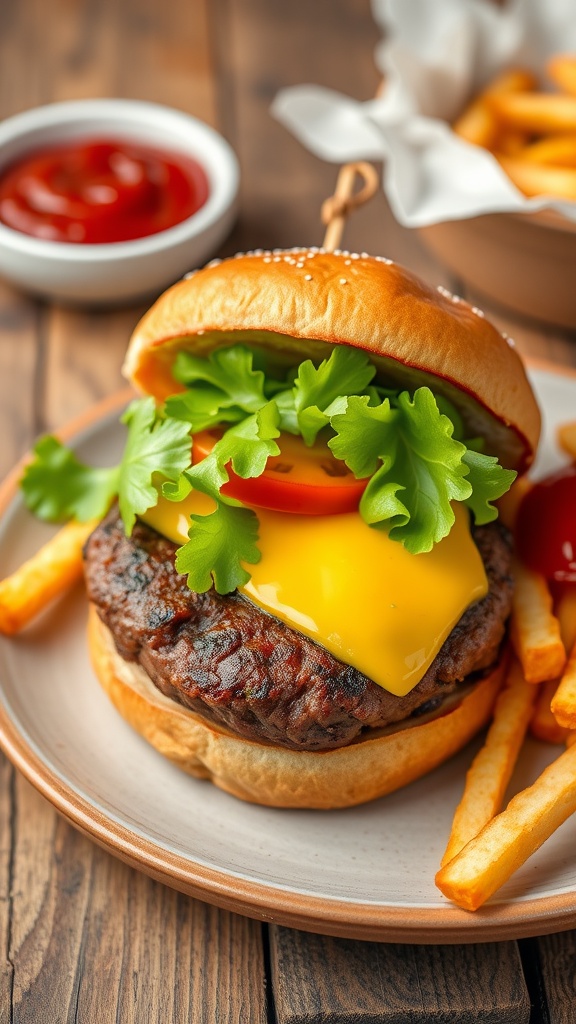 A classic burger with beef patty, cheese, lettuce, tomato on a sesame seed bun with fries and ketchup.